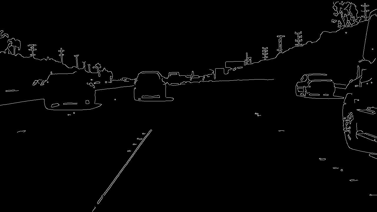 Diagnostic visualization showing the raw Canny edge map of a highway frame, with a clean continuous line on the left side of the road and no visible edge at all on the right side, where the lane marking is made of reflective road studs instead of painted line